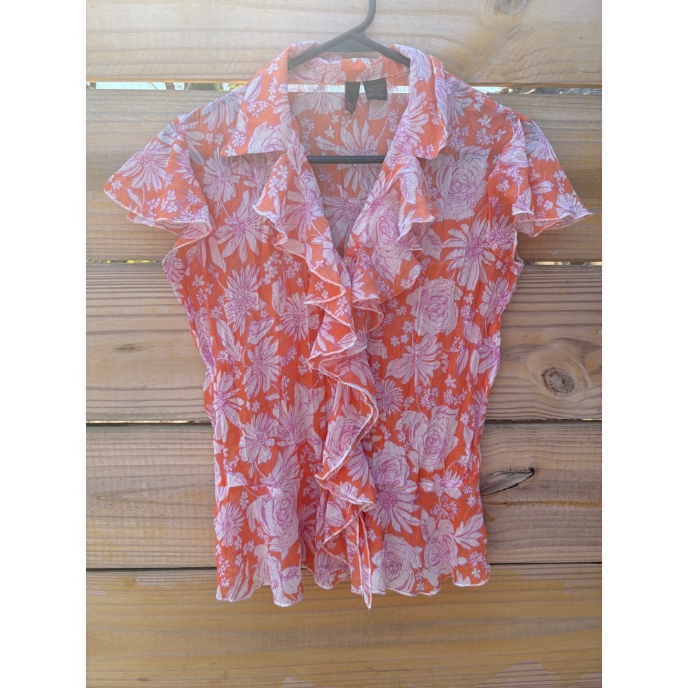 Serenade New York Orange Pink Floral Ruffle V-Neck Blouse Short Sleeve Medium